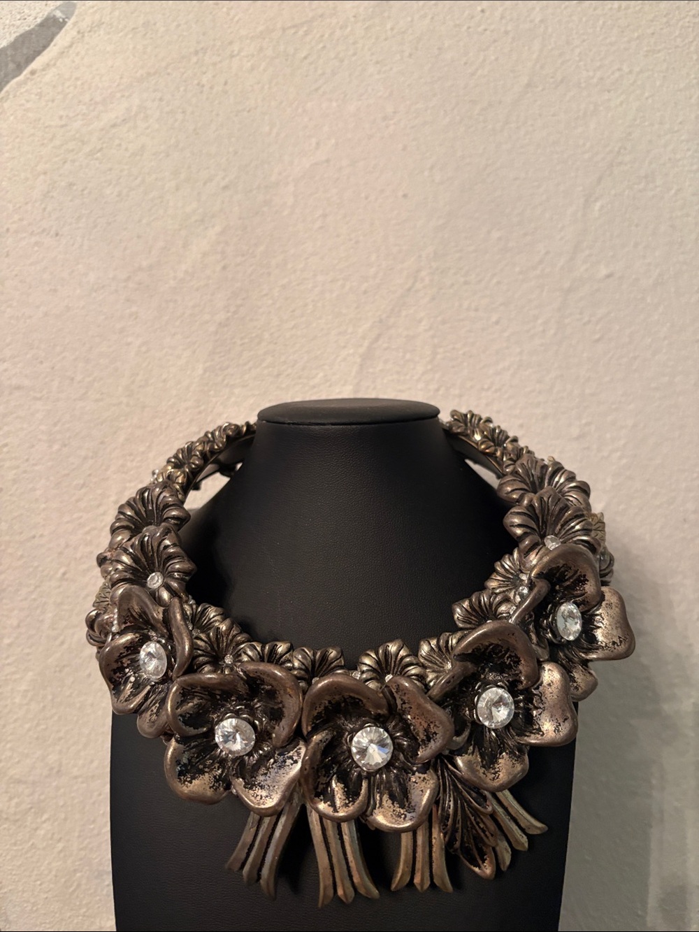 Statement Floral Crystal Collar Necklace - Bronze Tone
